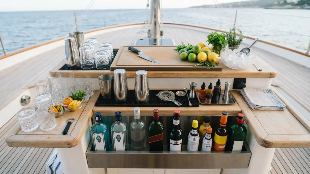 Estación de coctelería preparada para servir en un barco