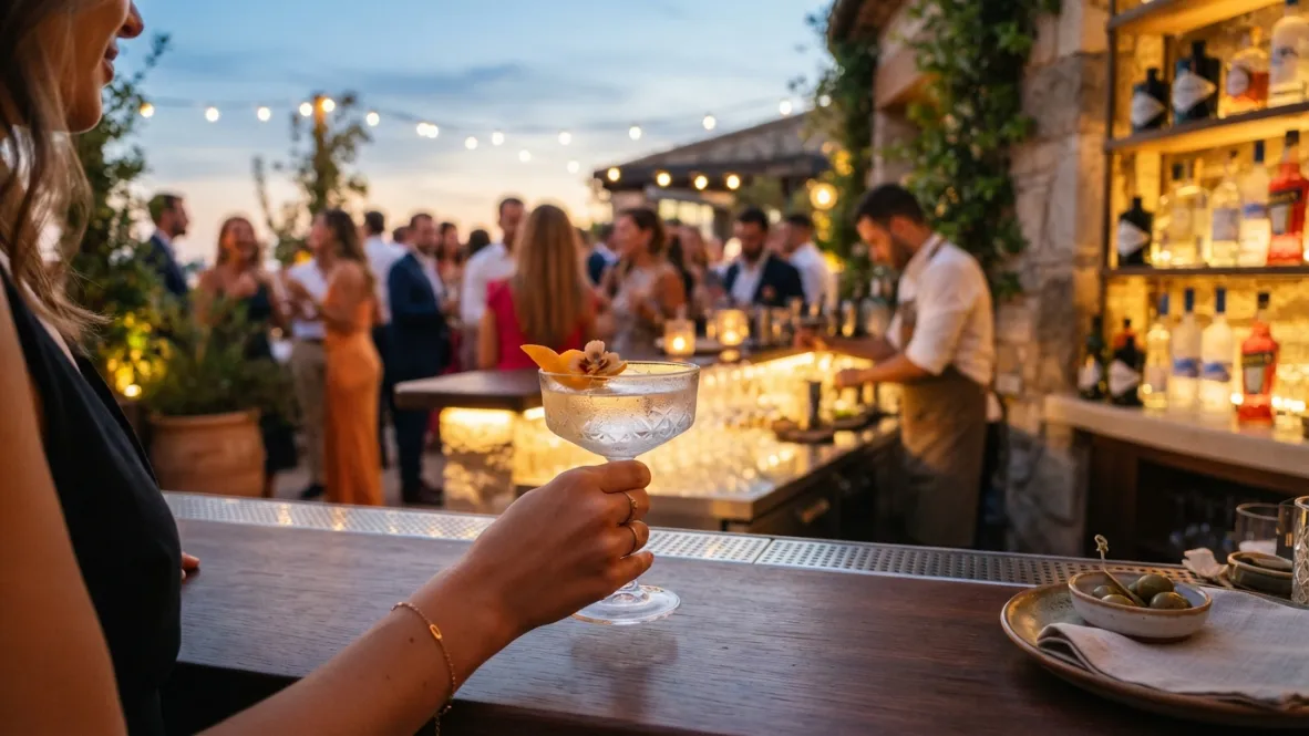 barra con primer plano de una persona con un coctel en una celebración