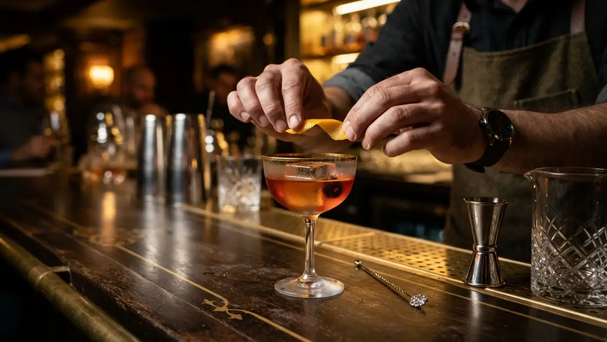 bartender preparando coctel en barra de coctelería en Bilbao
