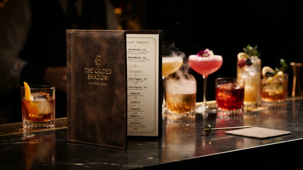 carta de cocteles delante de diferentes cocteles en la barra de un pub
