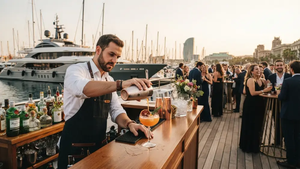 Bartender preparando cócteles en un evento náutico en Barcelona