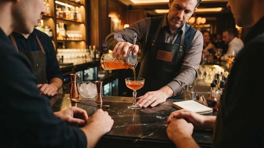 formador enseñando a bartender a preparar un coctel
