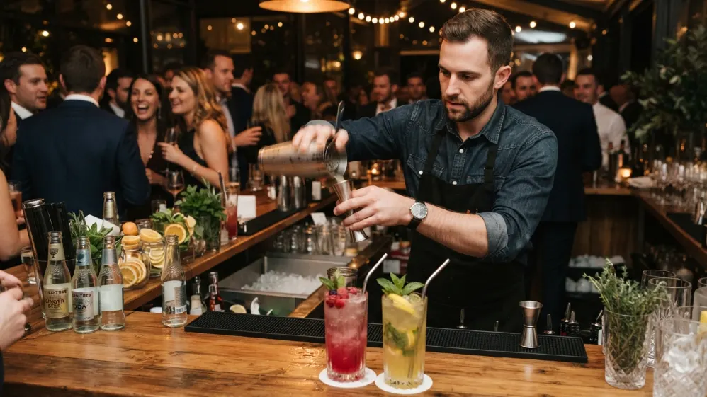 Bartender preparando mocktails durante un servicio de coctelería para eventos