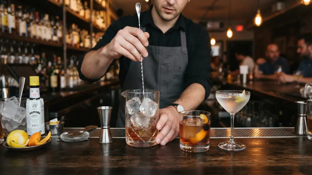 Bartender trabajando técnicas de removido para cócteles clásicos