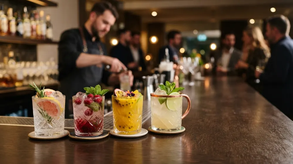 Selección de mocktails y cócteles sin alcohol servidos en una barra para eventos