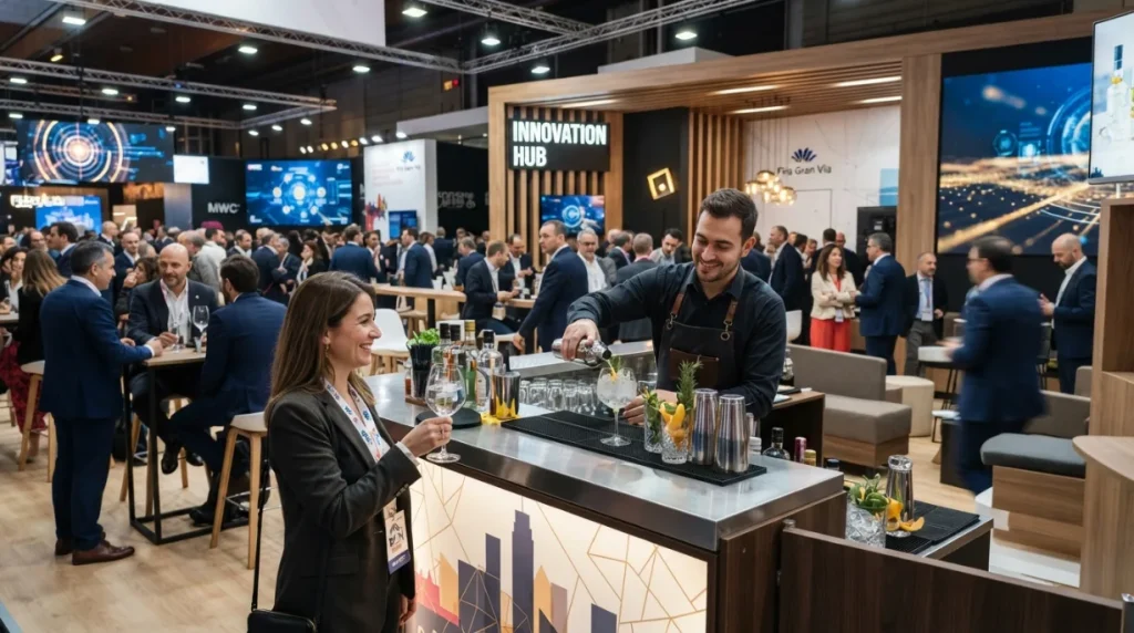 Barra de cócteles diseñada para facilitar el networking en una feria profesional
