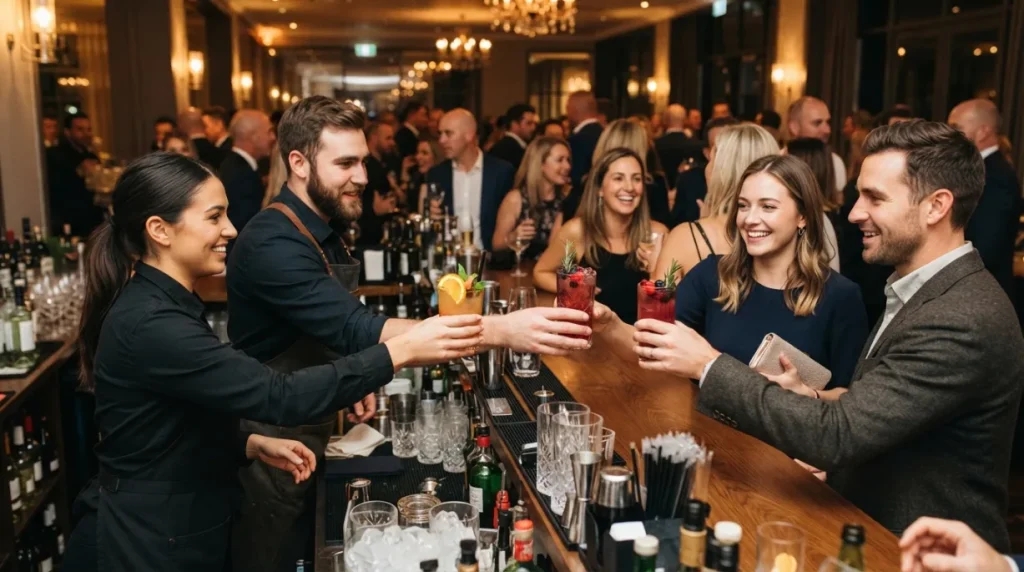 Bartenders atendiendo una barra de cócteles durante un evento