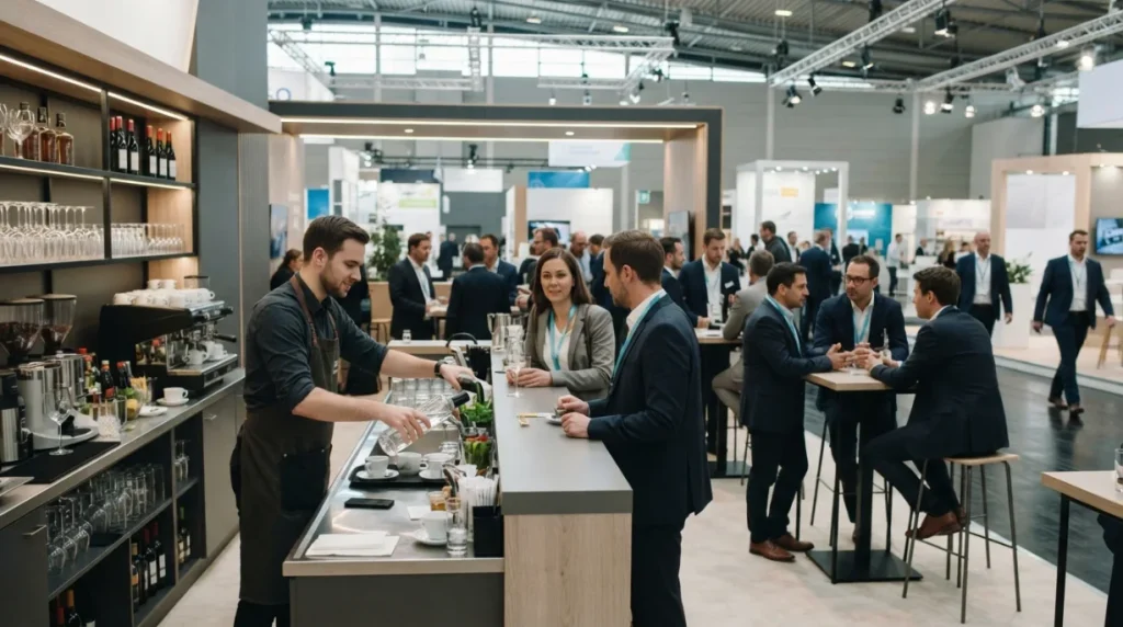 Catering de coctelería en un stand corporativo durante un congreso en Barcelona