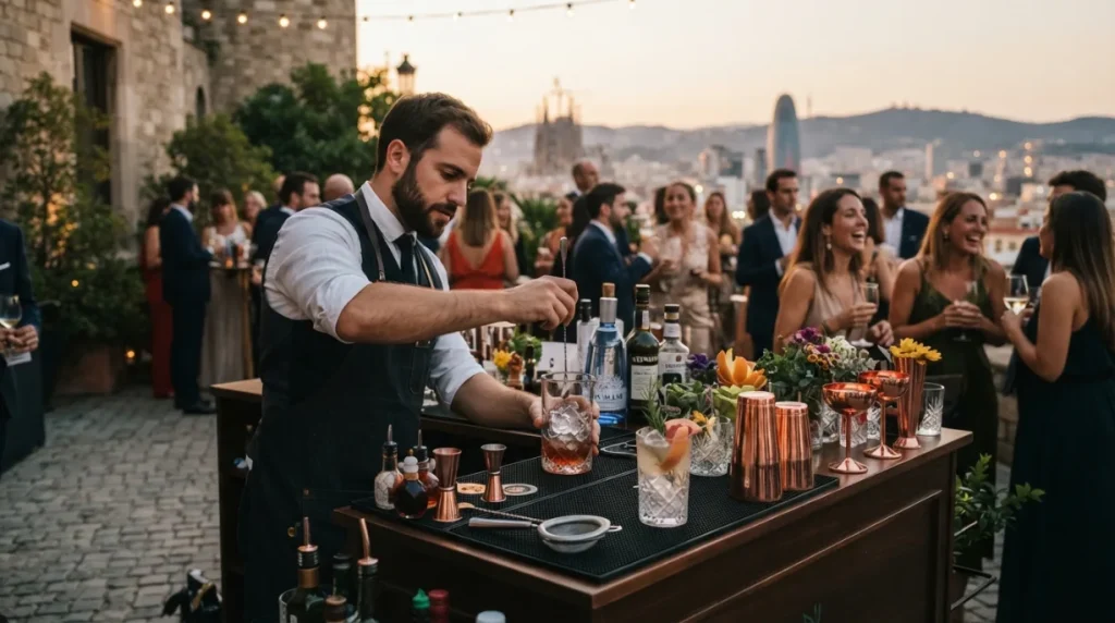Bartender preparando cócteles en una barra profesional para eventos