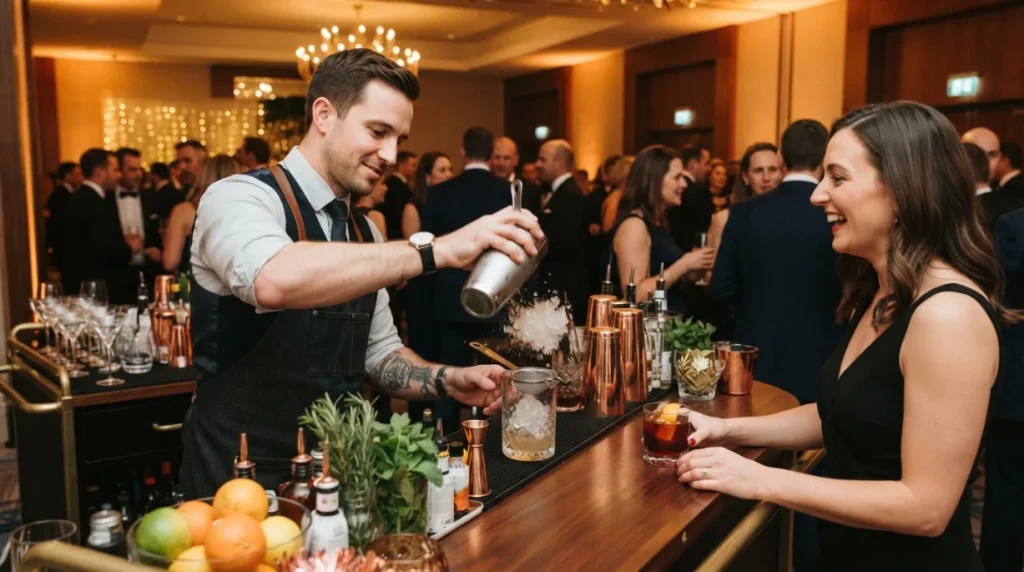 Bartender preparando coctelería personalizada durante un evento