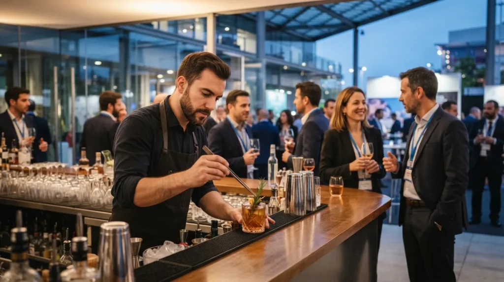 Barra de coctelería premium durante un evento MICE en Barcelona