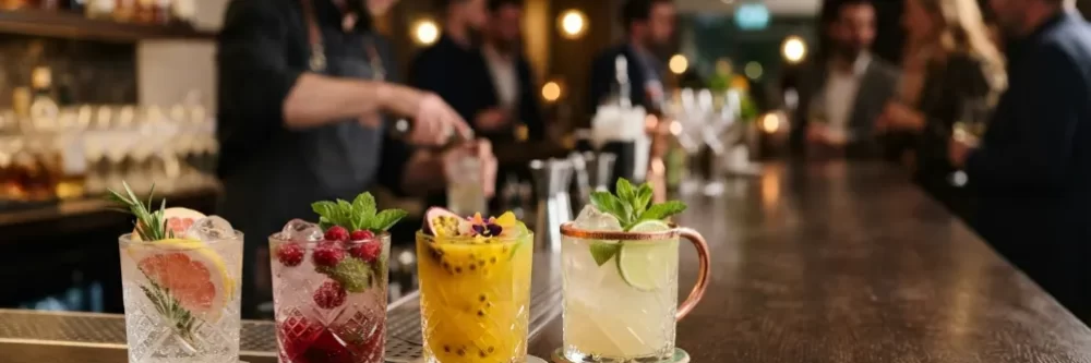 Selección de mocktails y cócteles sin alcohol servidos en una barra para eventos